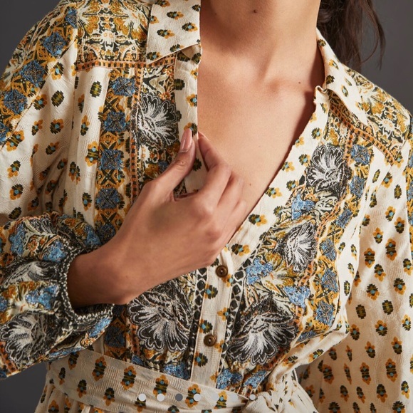 Anthropologie Floral Embroidered Long Sleeves Cream Silver Mini Shirt Dress XS - Picture 4 of 6